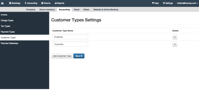 Customer type settings hotel management system 